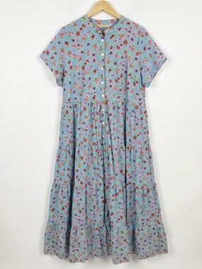 eShakti Wayward Fancies Cotton Tiered Maxi Dress Floral Stripe Pockets Prairie